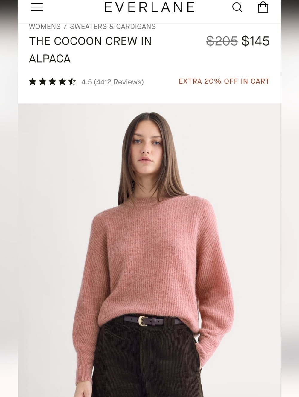 NWOT Everlane Cocoon Crew Alpaca Sweater - Dusty Rose Sz XS